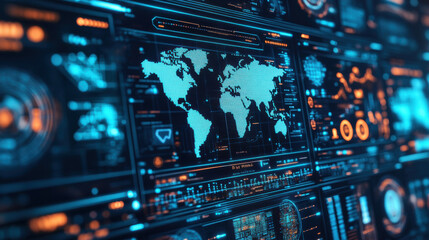 digital interface displaying real time global analytics with world map and various data visualizations. vibrant colors and intricate designs create futuristic and engaging atmosphere
