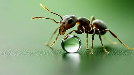 A small brown ant is standing on a leaf and looking at a drop of water