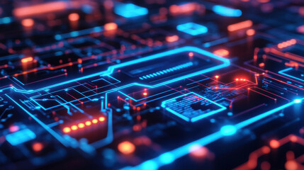 digital interface with glowing blue data pathways, showcasing intricate circuitry and vibrant colors. image evokes sense of advanced technology and innovation
