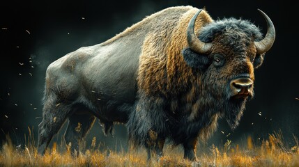 A majestic bison stands in a grassy field, showcasing its strength.