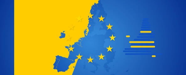 Obraz premium creative map design as the flag color of the European Union, EU, Europe, rounded stripes, thick dashes lines rounded, form simplified outline map