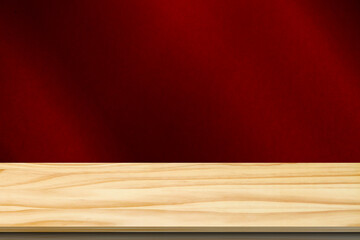 empty wooden table top on red background. add products of design. point of purchase