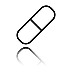 Pill simple icon vector. Flat design. Black icon with mirror reflection. White background