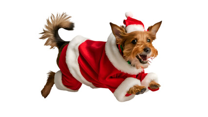 dog with santa hat. Backgroundless cutout of a cheerful puppy wearing a Santa Claus costume