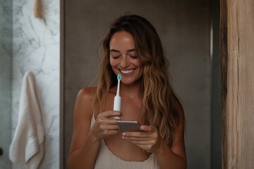 A joyful woman with long hair holds an electric toothbrush as she checks her phone in the bathroom, radiating happiness and the start of a bright morning.