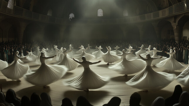 Dervishes whirl in the middle of a large stage during the Mevlana festival, their white costumes spinning gracefully, Ai generated images