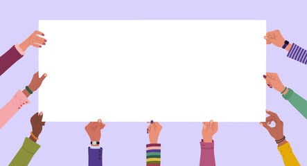 Diverse multiracial hands holding long blank banner. Hand drawn vector illustration isolated on purple background. Modern flat cartoon style.