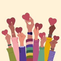 Group of multiracial hands raised up holding hearts. Volunteering, charity, donation concept. Hand drawn vector vector illustration isolated on light background. Modern flat cartoon style.