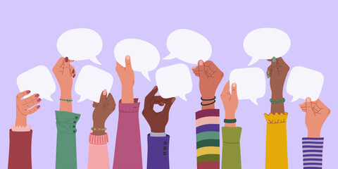 Multiracial hands holding speech bubbles, ideas exchange. Concept of teamwork, cooperation and communication. Hand drawn vector illustration isolated on purple background. Modern flat cartoon style.
