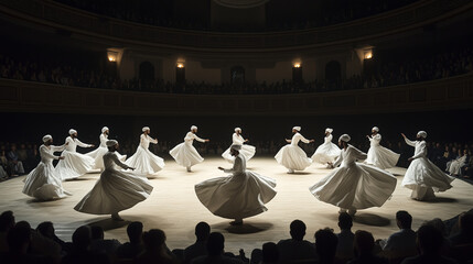 Mevlana Whirling Dervishes Festival in Konya, Türkiye, dervishes whirl in long white costumes, hands raised in graceful movements, Ai generated images