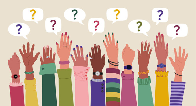 Group of multiracial peoples hands raised up and speech bubbles with questions marks. FAQ and questions concept. Hand drawn vector vector illustration isolated on light background, flat cartoon style.