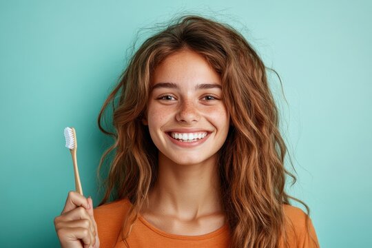 A young girl with long hair smiles brightly while holding a toothbrush, standing against a blue background, suggesting health and dental hygiene focus.
