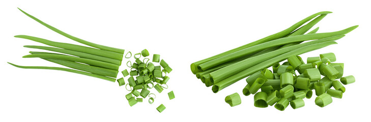 Green onion isolated on the white background. Top view. Flat lay.