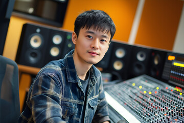 Chinese man working as a sound engineer in a music studio, Audio Mixer, Sound mixer