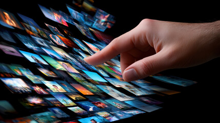 hand swiping through digital catalog of images, showcasing variety of vibrant visuals. interaction conveys sense of exploration and engagement with digital content