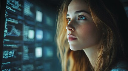 female software engineer overseeing blockchain networks and server data in a state-of-the-art IT control room, working with digital screens and collaborating with the IT team for optimal operations