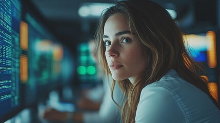 female software engineer overseeing blockchain networks and server data in a state-of-the-art IT control room, working with digital screens and collaborating with the IT team for optimal operations