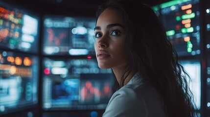 female software engineer overseeing blockchain networks and server data in a state-of-the-art IT control room, working with digital screens and collaborating with the IT team for optimal operations