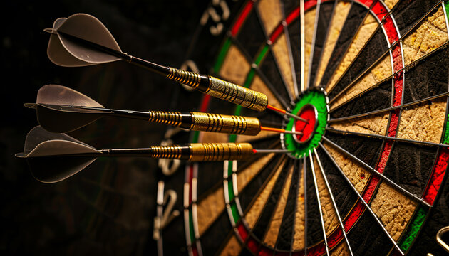 Three darts in triple twenty on professional sisal steeldart. perfect 180 highscore shot dart game hobby sport concept background