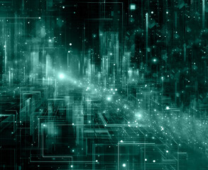 Digital technology metaverse neon blue green background, cyber information, abstract speed connect communication, retro city future meta tech, internet network connection, Ai big data