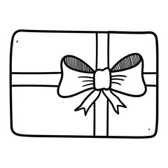 Hand drawn doodle gift box on white background. Top view.