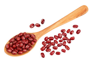 Red adzuki beans in wooden spoon isolated on white background. Top view. Flat lay.