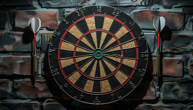 Three darts in triple twenty on professional sisal steeldart. perfect 180 highscore shot dart game hobby sport concept background