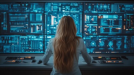 female software engineer overseeing blockchain networks and server data in a state-of-the-art IT control room, working with digital screens and collaborating with the IT team for optimal operations