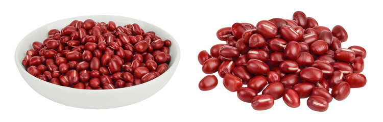 Red adzuki beans in ceramic bowl isolated on white background
