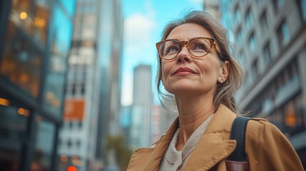Obraz na płótnie Canvas low angle view of a mature businesswoman walking confidently on a busy city street, highlighting her success, ambition, and professional leadership in a corporate setting