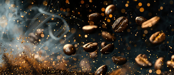 Close up of flying roasted coffee beans with golden shimmer, lights, particles. Macro shot of coffee for advertising, cafe banner. Generative ai	