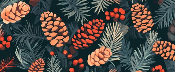 Winter and autumn hand drawn wall art featuring pine branches and cones. Luxury wallpaper design featuring a christmas tree, fabric and print. Modern illustration.