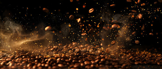 Close up of flying roasted coffee beans with golden shimmer, lights, particles. Macro shot of coffee for advertising, cafe banner. Generative ai