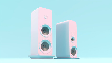 3d rendering of a group of pink speakers on a blue background. Generative AI