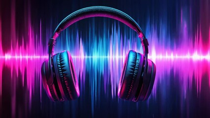 A pair of headphones sit in front of a blue and pink sound wave, seemingly ready to play music