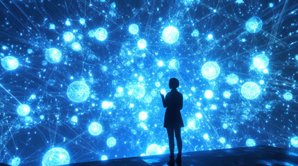 silhouette of person stands in awe against vibrant blue cosmic background filled with glowing spheres and intricate patterns, evoking sense of wonder and exploration