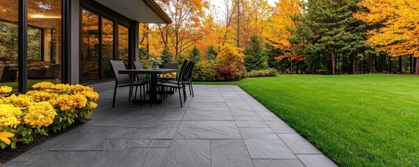 Elegant stamped concrete patio resembling natural slate, with textured finishes and earthy tones, enhancing a backyard setting