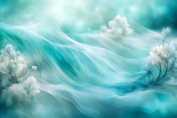 ethreal artistic painted style of abstract floral background in white and aquamarine colors