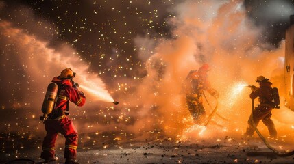 Fototapeta premium Firefighters in Smoke Battling Intense Fire