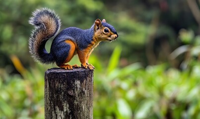 Fototapeta premium A black and orange squirrel stands on a wooden post in a forest setting.