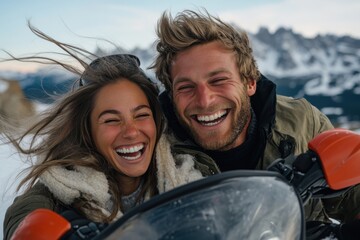 This couple captures a joyful moment on a snowmobile, showcasing adventure, happiness, and togetherness against a picturesque snowy mountain backdrop.