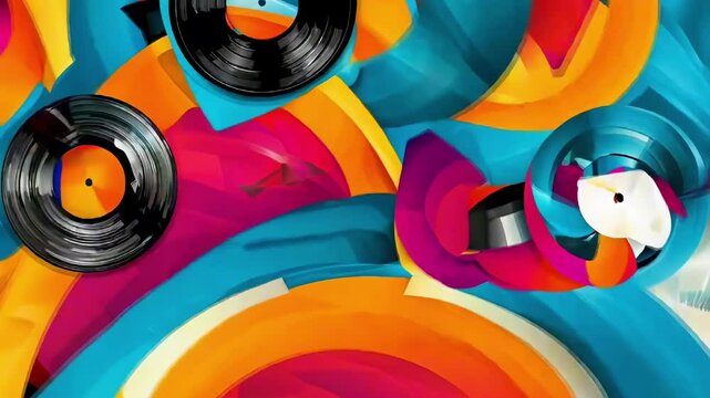 A vibrant abstract background with musical geometric shapes, elements of jazz culture, vinyl records and musical symbols