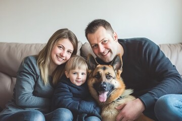 On the sofa in the living room, a happy family is playing with a puppy