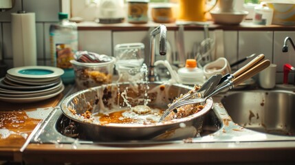 Dirty dishes and cutlery in the kitchen sink to be washed