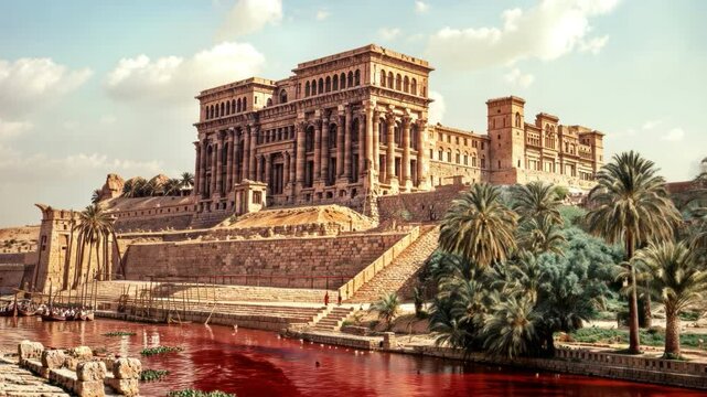 Plagues of Egypt - Ancient Egyptian city with water in Nile river turned into blood. Ornate buildings line riverbanks. Palm trees, cloudy sky. Biblical first plague concept. Dramatic red water.