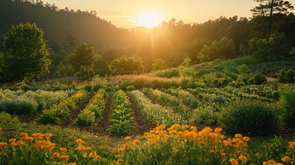 Golden Sunset Over Farm Field
