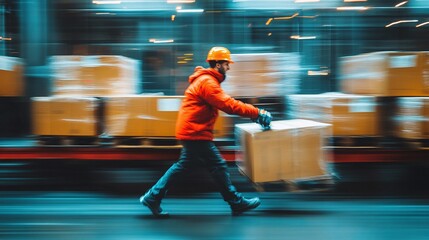 warehouse workforce in motion, handling cargo boxes with speed and skill, ensuring efficient operations and logistics management in a fast-paced shipping environment
