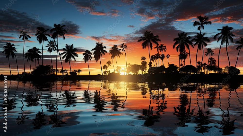 Poster Silhouettes of palm trees stand tall against a vibrant sunset sky, their reflections dancing on the rippling surface of the water.