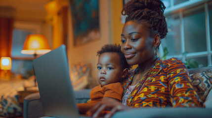 Diverse representation black african american parent working on laptop from home. Remote job working family work life balance. Inclusive multitasking wellbeing parenting childcare good mother.