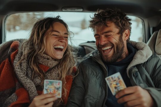 A couple, bundled warmly in jackets and scarves, enjoys a laughing card game inside their car with snow falling outside, portraying warmth and joyful companionship.